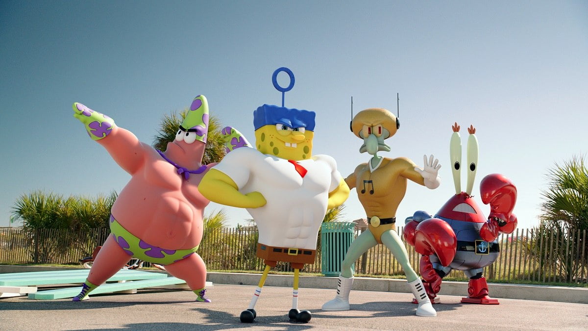 Left to right: Patrick Star (as Mr. Superawesomeness), SpongeBob SquarePants (as The Invincibubble), Squidward Tentacles (as Sour Note), and Mr. Krabs (as Sir Pinch-A-Lot), in SPONGEBOB: SPONGE OUT OF WATER, from Paramount Pictures and Nickelodeon Movies.